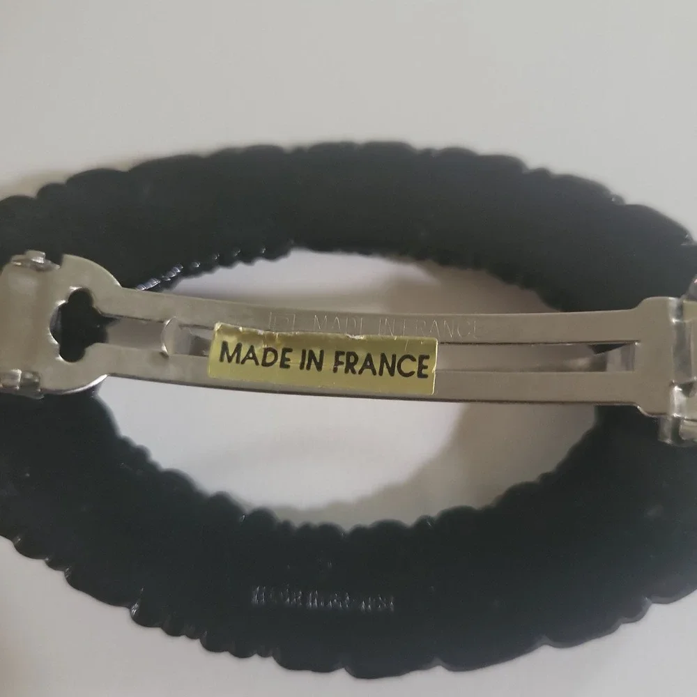 Vintage Made in France Black Textured Oval Barrette Hair Clip 3.25in Goth